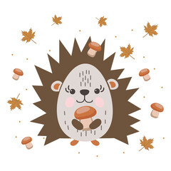 Cute cartoon hedgehog with mushrooms and autumn leaves. Doodle style illustration, kids print, vector