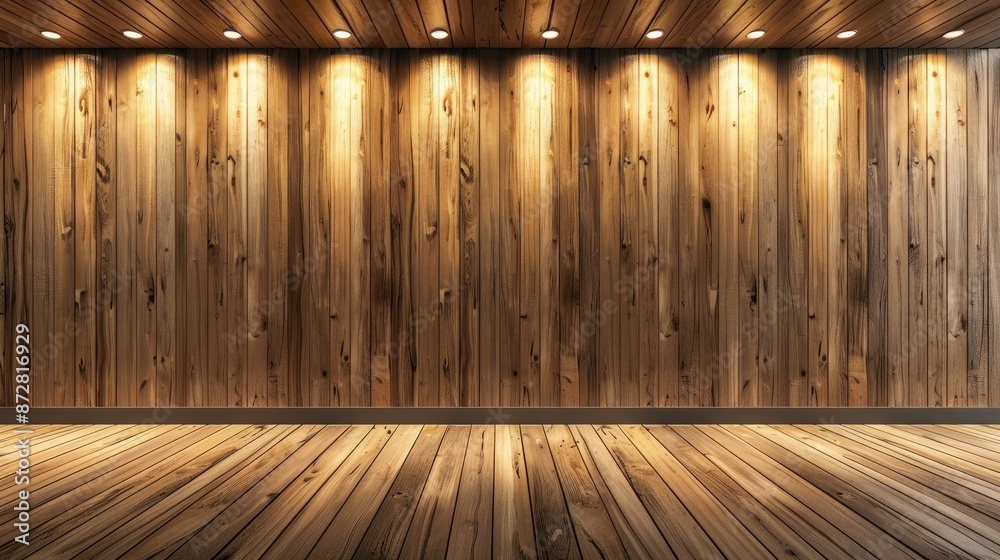 Sticker elegant wooden wall and floor with ceiling lights space for text