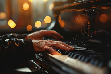 ręce pianisty na klawiaturze pianina, rozmyte tło, bokeh
