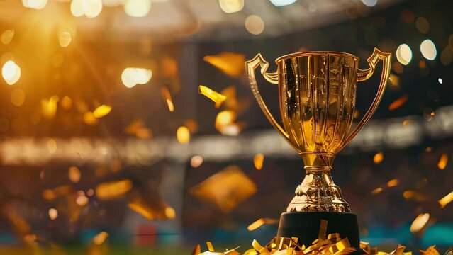 Golden trophy for Winner in Sports Competition with Falling Golden Confetti