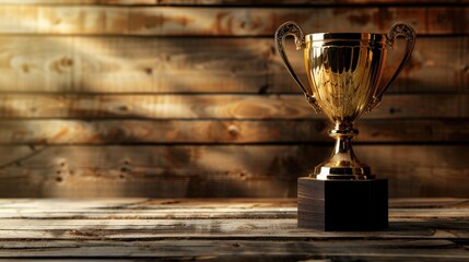 Golden trophy champion displayed on wooden table with space for design
