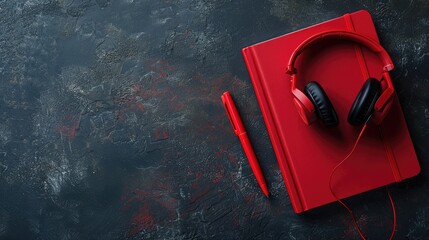 Red notebook pen and headphones on dark surface space for text Top view