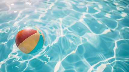 Summer holiday background with close-up to a colorful beach ball floating on luxury swimming pool and copy space