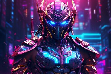 parallel universe, an electrically charged cyborg samurai emerges from the neon-lit mist, part man