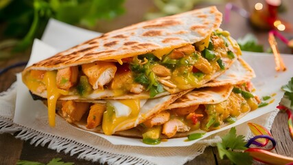 Mexican quesadilla a with sauce on wooden table
