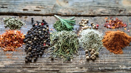 Fototapeta premium Assorted spices and herbs on wooden background for cooking dry rosemary black pepper paprika oregano