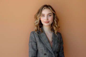 Obraz premium Portrait of a content caucasian woman in her 20s wearing a professional suit jacket isolated on pastel brown background