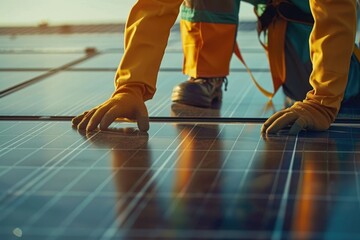 technician installing solar cells on the roof of house. generative ai