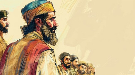 Obraz premium Ezra,Ezra Comes to Jerusalem,Biblical Illustration of Ezra: Ezra Comes to Jerusalem, Depicting Teaching the Law to the People, Beige Background with Copyspace