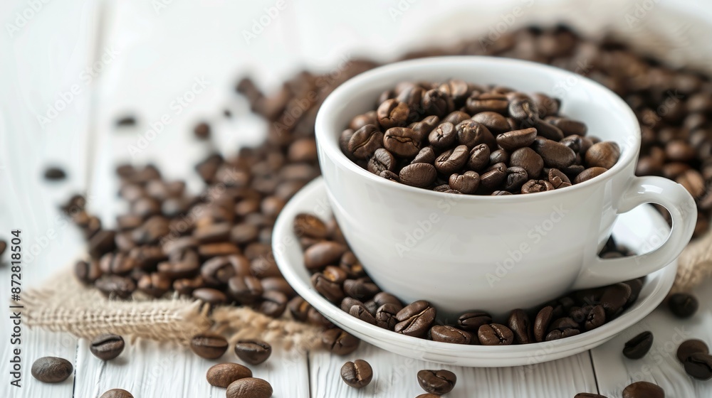 Poster coffee cup with roasted beans on white table