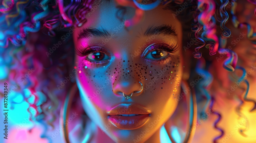 Sticker Beautiful girl with afro hairstyle in neon light. 3d rendering