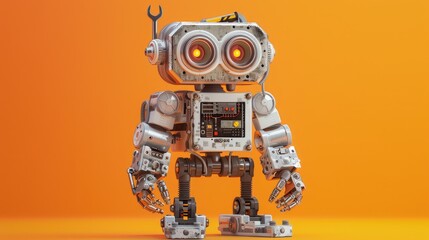 Robotic toy ready for maintenance with wrench and pliers on orange background