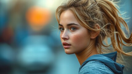 A young woman with blonde hair tied back and freckles is looking away from the camera. Her hair is blowing in the wind. The background is blurred and blue.