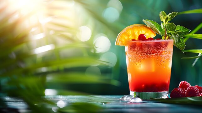 Tropical Paradise in a Glass: Vibrant Cocktail Served in a Hollowed-Out Fruit with Matching Garnish
