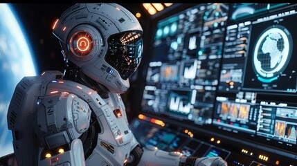 The robot is wearing a helmet and he is in a futuristic setting