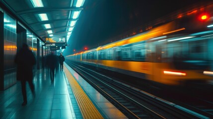 Obraz premium A subway train rushes by a platform, creating a blurry streak of yellow and blue light.