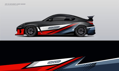 Naklejka premium Sporty Racing Car wrap livery design black and red. vinyl sticker design in vector file