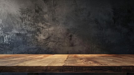 Lonely wooden countertop against a dark concrete wall in a home interior Evening with dim lighting Ample room for text