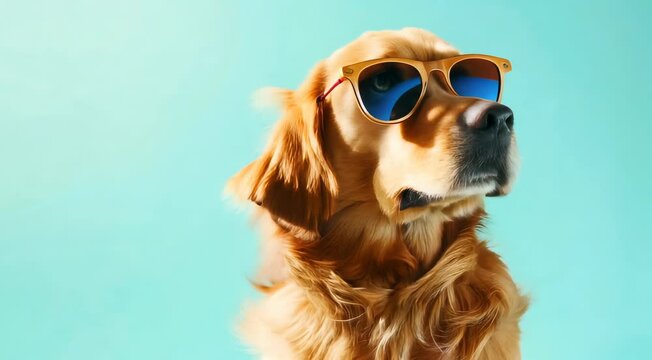 Golden retriever dog wearing sunglasses against a blue background, looking cool and stylish.