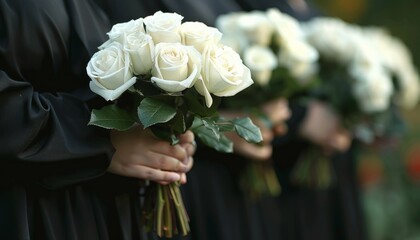 People in black clothes with white rose flowers outdoors, closeup. Funeral ceremony 