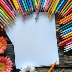 Fototapeta premium white pieces of paper lying on the desk separately from each other, surrounded by colorful pencils