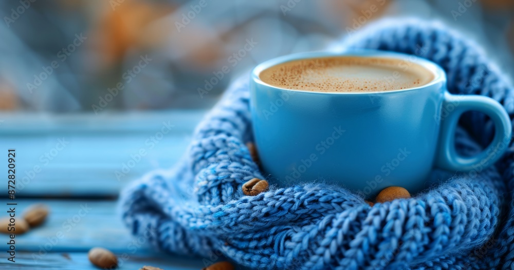 Poster a blue cup of coffee wearing a blue scarf