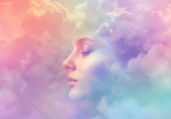 Dreamy Angel Face in Pastel Clouds