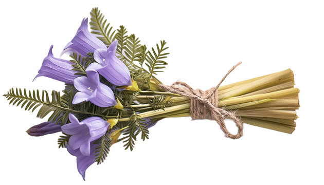 Bukiet leśnych, fioletowych dzwonk&oacute;w, traw i paproci na przezroczystym tle