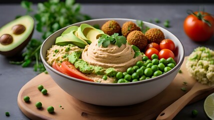 Photo of healthy vegan lunch bowl with falafel hummus tomato avocado peas