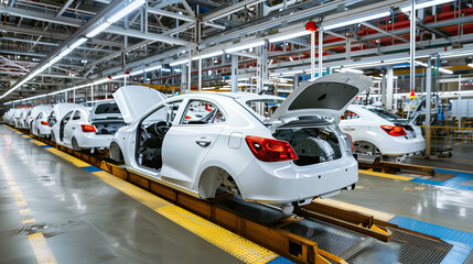 Car Production Line: Automated Vehicle Manufacturing Process, Assembly Line Efficiency, Robotic Engineering, Modern Automotive Factory, High-Tech Production Facility, Precision Engineering, Mass Vehic