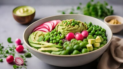 Photo of healthy vegan lunch bowl with falafel hummus tomato avocado peas