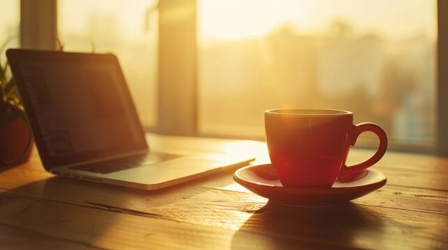 Workspace with digital tablet coffee cup on rustic desk Morning break or work setting with focus