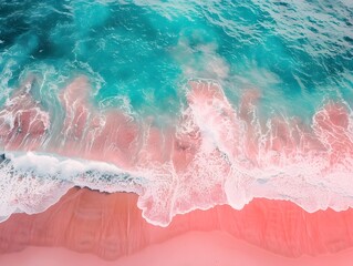 Obraz premium Aerial View of Turquoise Ocean with Pink Sand Beach