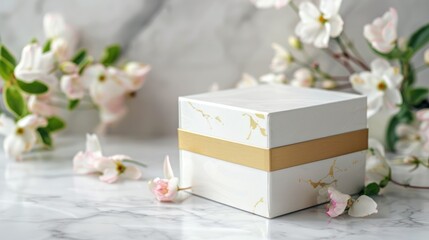 White and gold box on table with flowers space for text Skin care product for wrinkles