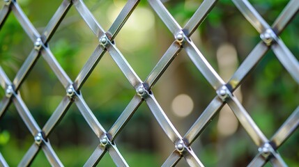 Fototapeta premium Metal lattice fence with blurred stainless steel and aluminum backdrop Close up pattern