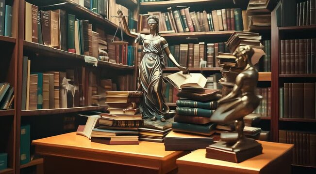 Statue of Lady Justice holding scales and a book in an old library filled with stacks of books.