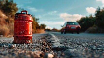 Red oil can next to car on road from below