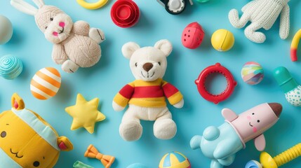 Naklejka premium Variety of cute toys on light blue background top view