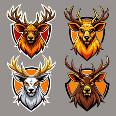 Set of bull elk head vector, deer head silhouette, moose head clipart.