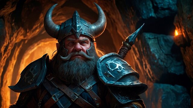 A close-up portrait of a bearded dwarf warrior wearing horned helmet and armor standing in a underground cave with orange lights. Mythical fairytale fantasy character illustration concept wallpaper.
