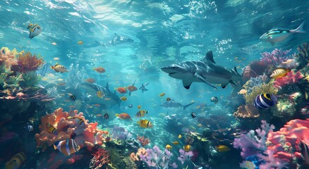 Fototapeta premium Underwater Sharks, Fish, and Coral Reef
