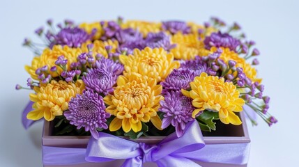 Fototapeta premium Chrysanthemum flower decoration in handmade box with yellow and purple flowers purple bow and white background