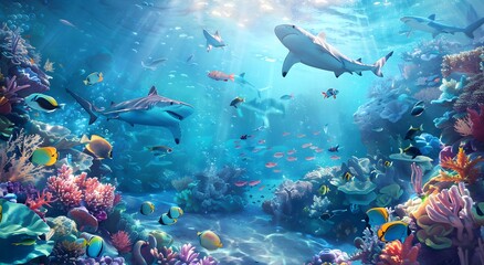 Underwater Coral Reef with Sharks and Fish