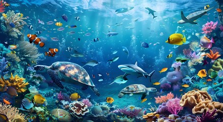 Fototapeta premium Vibrant Underwater Scene with Colorful Coral Reefs and Fish