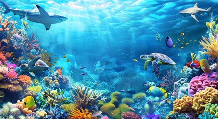 Fototapeta premium Vibrant Underwater Reef with Sharks, Turtles, and Manta Rays