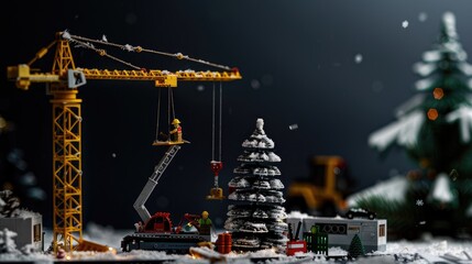 Christmas themed construction scene with black background and space for messages ideal for cards or ads