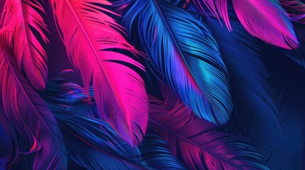 Obraz premium Background of feathers in neon light. The feathers shimmer pink and blue. Abstract texture.