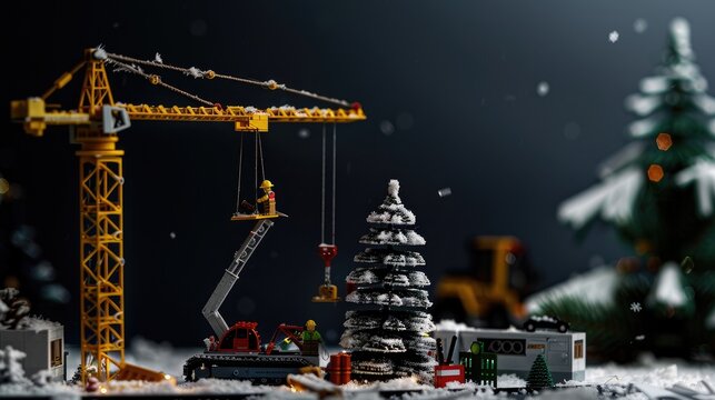 Christmas themed construction scene with black background and space for messages ideal for cards or ads