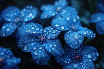 Blue flowers covered in dewdrops