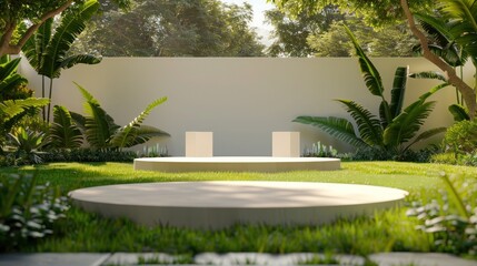 Obraz premium Opulent lawn setting, podium with chic design, dynamic billboard mockup. Stylish colors for high-end gatherings.